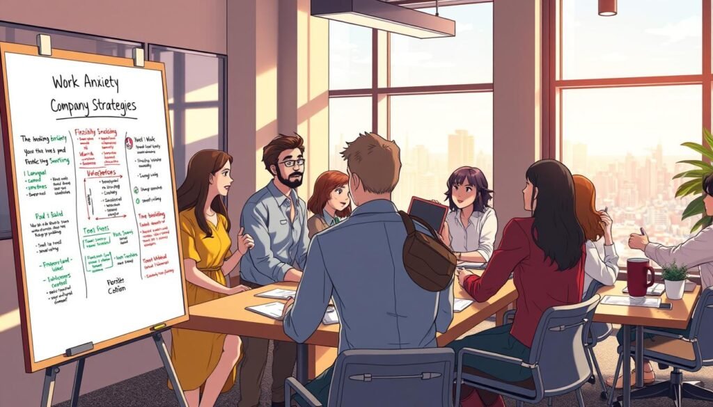 A bustling office scene, with employees gathered around a conference table, engaged in a lively discussion on company strategies to address weekend anxiety. The lighting is warm and natural, casting a soft glow over the scene. In the foreground, a whiteboard showcases colorful diagrams and notes, outlining various initiatives, such as flexible work schedules, mindfulness workshops, and team-building activities. The middle ground features team members brainstorming ideas, their faces expressions a mix of concentration and enthusiasm. In the background, the office environment is stylish and modern, with large windows overlooking a picturesque cityscape, hinting at the work-life balance the company aims to foster.