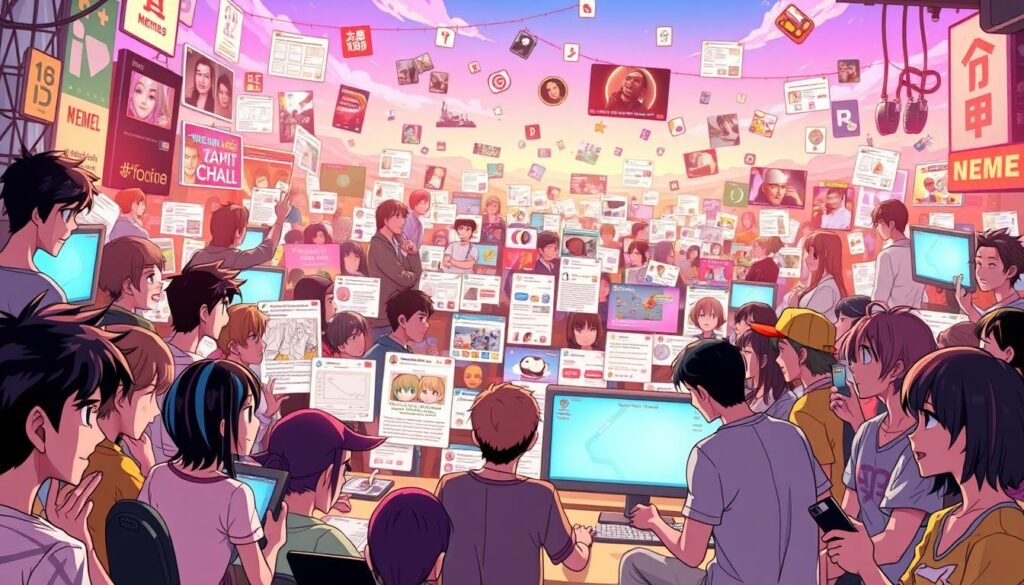 A bustling online community of meme enthusiasts, gathered in a vibrant digital space. In the foreground, a diverse group of avatars and cartoon characters engage in lively discussions, sharing the latest viral sensations and collaborative meme creations. The middle ground features a collage of meme templates, inside jokes, and cultural references, arranged in a dynamic, ever-evolving mosaic. In the background, a stylized landscape of internet memes and digital platforms serves as the backdrop, conveyed through a neon-tinged, cyberpunk aesthetic. The scene is bathed in a warm, inviting glow, reflecting the camaraderie and shared humor that unites this dedicated meme community.