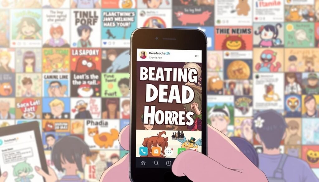 A bustling social media feed, filled with a diverse array of memes and viral content. In the foreground, a smartphone screen displays a captivating "Beating a Dead Horse" meme, its vibrant colors and humorous imagery commanding attention. The middle ground features a collage of other shareable memes, each with its own unique style and personality. In the background, a stylized social media interface, complete with icons and stylized avatars, creates a sense of digital interconnectedness. The scene is bathed in a soft, warm lighting, evoking a sense of engagement and community. The overall atmosphere is one of lighthearted and collaborative meme sharing, inviting the viewer to participate in the ever-evolving world of internet culture.