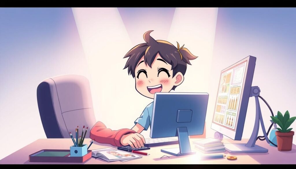 A cheerful, animated character sitting at a computer, intently focused on creating memes. The character has a playful, expressive face and is surrounded by a lively, vibrant workspace. The desk is cluttered with various digital tools and meme templates, hinting at the character's creative process. Bright, diffused lighting illuminates the scene, creating a warm and inviting atmosphere. The background features a clean, minimalist design with subtle geometric patterns, allowing the character and their work to take center stage. The overall mood is one of enthusiasm, productivity, and the joy of meme-making.