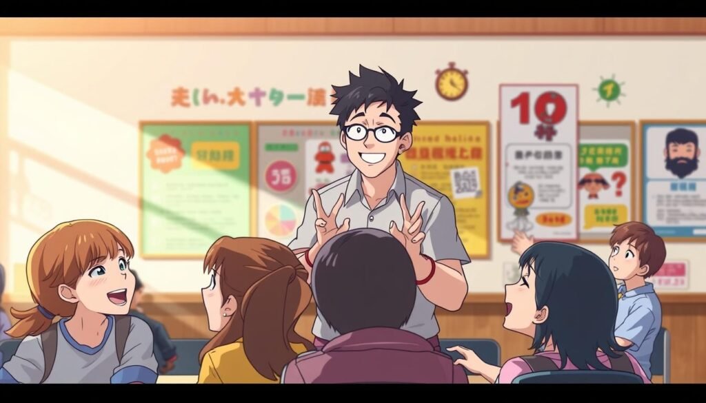A cheerful classroom setting, with students engaged in playful, humorous interactions. In the foreground, a group of teenagers laughing together over a shared joke, their expressions animated and carefree. In the middle ground, a teacher gesturing animatedly, a mischievous smile on their face, as they guide the class through a lighthearted lesson. The background showcases colorful, whimsical decor, with educational posters and displays that incorporate humorous elements. Warm, diffused lighting creates a welcoming, relaxed atmosphere, capturing the joy and levity of academic life.
