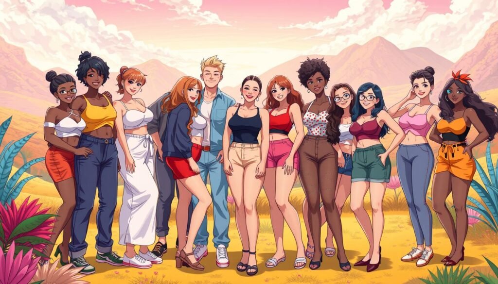 A cheerful, diverse group of people of various body types, skin tones, and gender expressions, posing confidently and joyfully in a vibrant, colorful setting. The foreground features individuals in flattering, body-positive attire, conveying a message of self-acceptance and celebration of unique beauty. The middle ground showcases a sense of community and camaraderie, with the subjects interacting and supporting one another. The background is a lively, visually striking landscape, with bold patterns, textures, and hues that amplify the overall mood of positivity and empowerment. Soft, diffused lighting illuminates the scene, creating a warm, inviting atmosphere. The composition is dynamic and engaging, capturing the essence of body positivity through a visually captivating and inclusive representation.