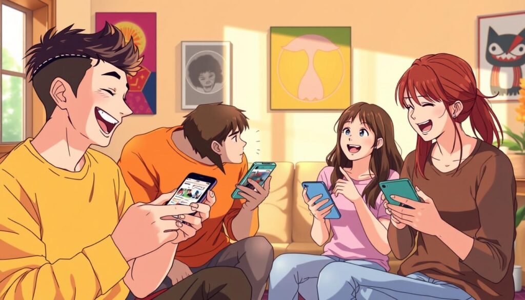 A cheerful group of friends enthusiastically sharing and discussing memes on their smartphones, bathed in warm, natural lighting. In the foreground, two people are laughing and swiping through a collection of humorous digital images on their device screens. In the middle ground, another pair is engaged in an animated conversation, gesticulating as they exchange funny meme content. In the background, a cozy living room setting with comfortable furniture and vibrant wall art creates a casual, inviting atmosphere. The overall scene conveys a sense of camaraderie, shared amusement, and the joy of discovering and sharing entertaining internet content.