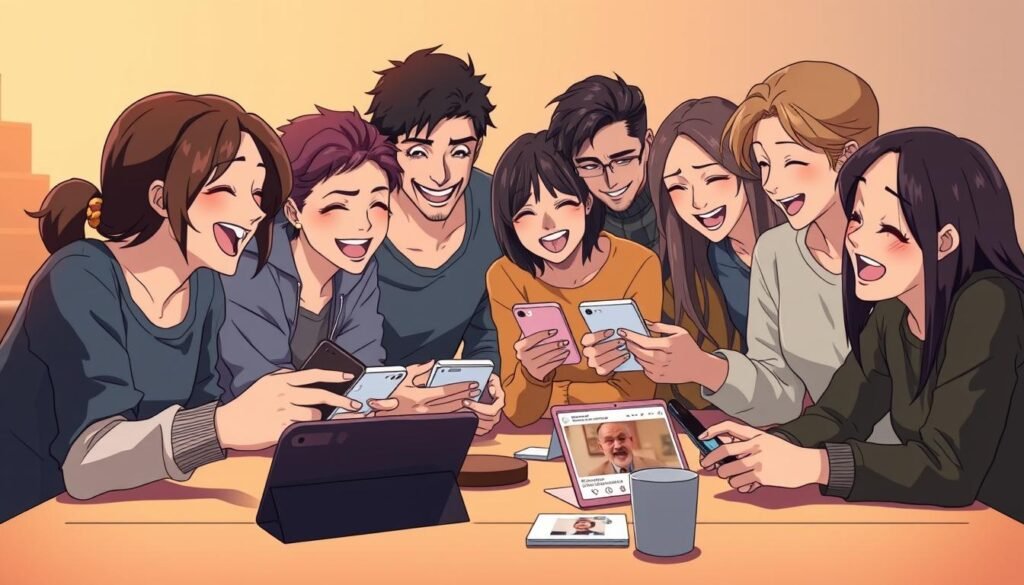 A cheerful group of people gathered around a table, enthusiastically sharing and discussing a collection of humorous internet memes on their digital devices. The scene is bathed in warm, soft lighting, creating a cozy, intimate atmosphere. The foreground features several friends leaning in, their faces animated with laughter and delight as they pass their phones back and forth, pointing out the latest viral sensations. In the middle ground, a few others are scrolling through their social media feeds, occasionally chuckling and showing their discoveries to the group. The background suggests a casual, relaxed setting, perhaps a cozy living room or a trendy cafe, with minimal distractions to allow the meme-sharing moment to take center stage.