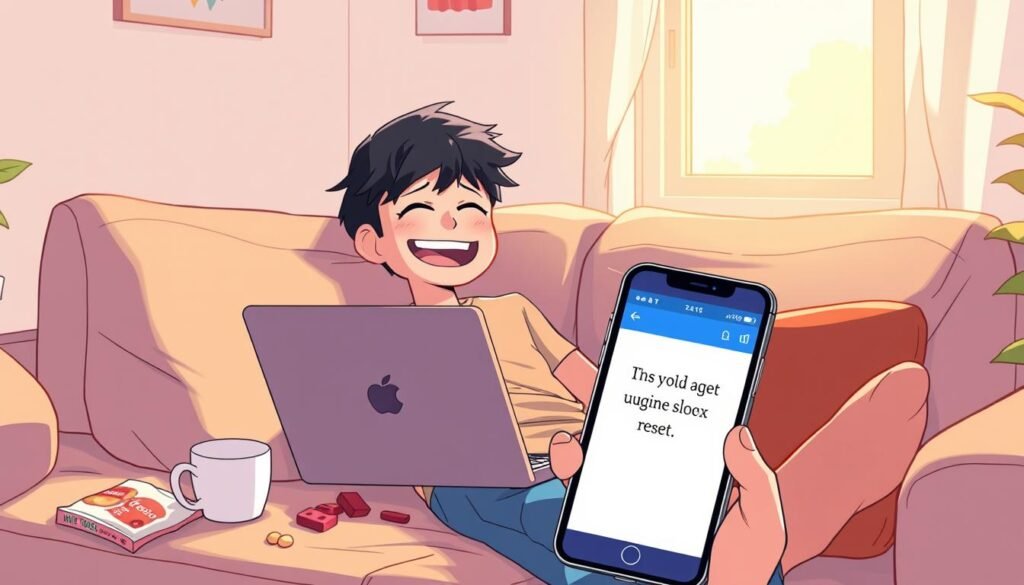 A cheerful, lighthearted scene of a person lounging on a couch, laptop on their lap, surrounded by scattered snacks, coffee mug, and a phone showing a humorous meme. Warm, natural lighting from a window illuminates the room, creating a cozy, weekend feel. The person's expression is one of amusement and relaxation, conveying the "weekend reset" mood. The background features minimalist, modern decor, hinting at a comfortable, contemporary living space. The overall composition suggests a moment of playful, guilt-free digital detox and laughter on a lazy Sunday afternoon.