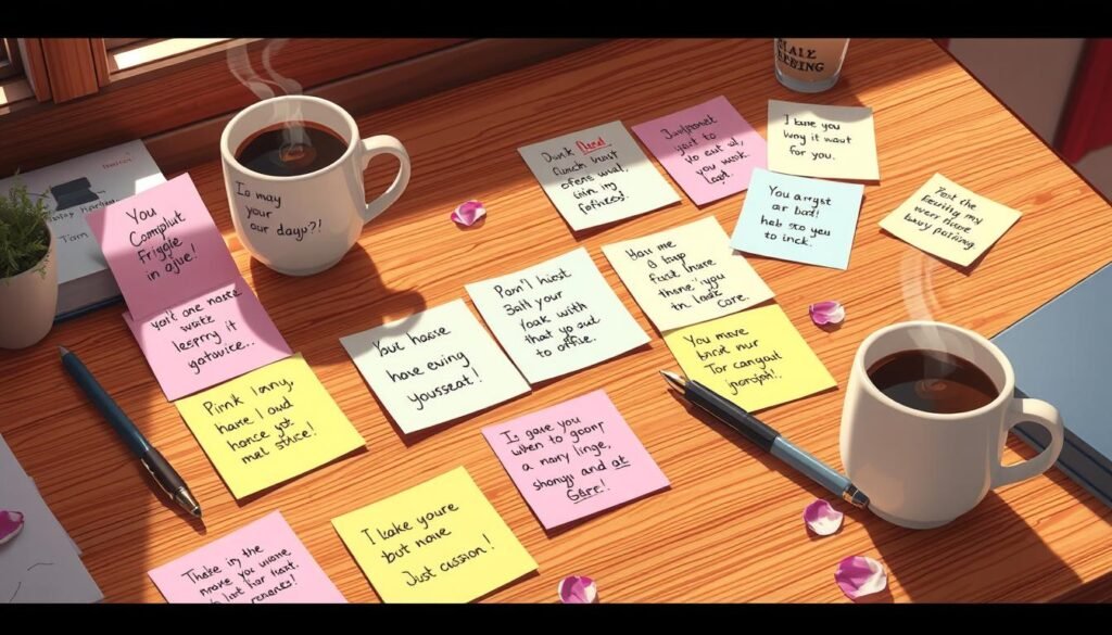 A cheerful morning scene with pastel-colored sticky notes scattered across a wooden desk. Playful handwritten messages in various colors - flirty, heartfelt, and humorous - are scribbled on the notes. Warm, natural lighting filters through a window, casting a soft glow on the desk. A mug of steaming coffee, a pen, and a few flower petals add to the cozy, intimate atmosphere. The overall mood is light, romantic, and inviting, perfectly capturing the essence of flirty memes to start the day.