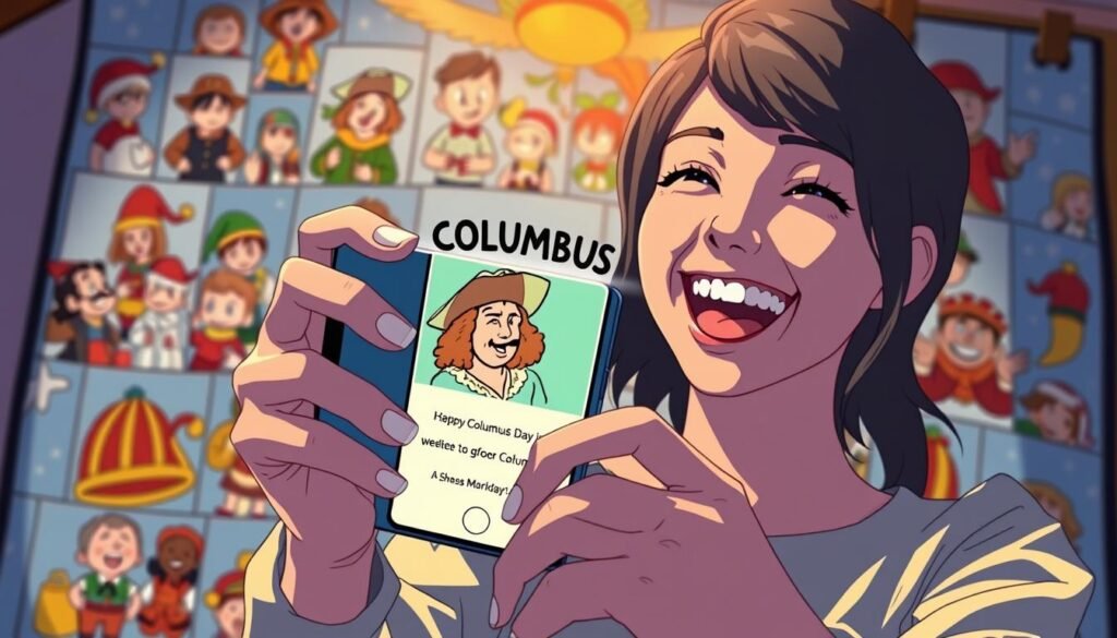 A cheerful person sharing a humorous Columbus Day meme on a smartphone, surrounded by a collage of amusing holiday-themed illustrations on a vibrant, festive background. The scene is captured with a wide-angle lens, providing a lively, immersive perspective. Warm, natural lighting illuminates the subject, creating a welcoming, social media-ready atmosphere. The meme features a playful, lighthearted depiction of the historical figure, conveying the spirit of the holiday with a touch of humor and cultural awareness.