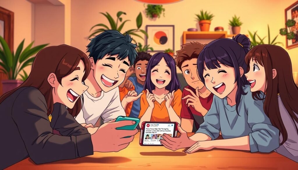 A cheerful, vibrant scene of friends gathered around a table, sharing an engaging meme on a smartphone. In the foreground, two friends lean in, their faces lit by the soft glow of the device's screen, expressions animated with laughter and delight. The middle ground features a group of friends, each with their own unique personalities, gesticulating and reacting to the shared content. In the background, a cozy, inviting living room setting with warm lighting, plants, and personal decor, conveying a sense of comfort and camaraderie. The overall atmosphere is one of genuine connection, humor, and the joy of sharing meaningful digital content with loved ones.