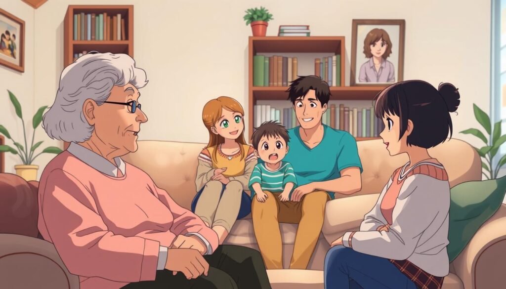 A close-knit family gathered in a cozy living room, surrounded by the familiar comforts of home. In the foreground, a grandmother and grandfather sit together on a plush sofa, their expressions warm and welcoming. In the middle ground, a young couple and their children - a boy and a girl - are engaged in a lively conversation, their body language conveying a sense of togetherness and belonging. The background is softly lit, with a bookshelf, a potted plant, and a framed family portrait adding to the homely atmosphere. The overall scene exudes a sense of tranquility and the bonds that tie a household together.