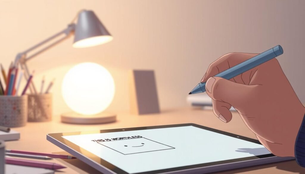 A close-up shot of a person's hand drawing a simple, minimalistic meme template on a tablet or sketchpad. The background is a clean, neutral workspace with office supplies and a stylish desk lamp providing soft, warm lighting. The person's hand is holding a digital stylus, sketching out the basic elements of a "This is Worthless" meme - a simple rectangle shape with a blank expression. The overall mood is one of casual creativity, as the person experiments with meme-making in a serene, focused environment.