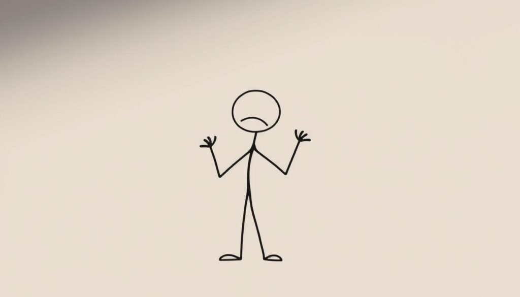 A close-up shot of a simple yet expressive stick figure character, standing in a neutral, minimalist background. The figure's body language conveys a sense of bewilderment or speechlessness, with arms slightly raised and a tilted head. The lighting is soft and diffused, creating a subdued, contemplative mood. The overall style is clean, uncluttered, and focused on capturing the essence of the popular "speechless stick guy" meme through its iconic pose and minimalist design.
