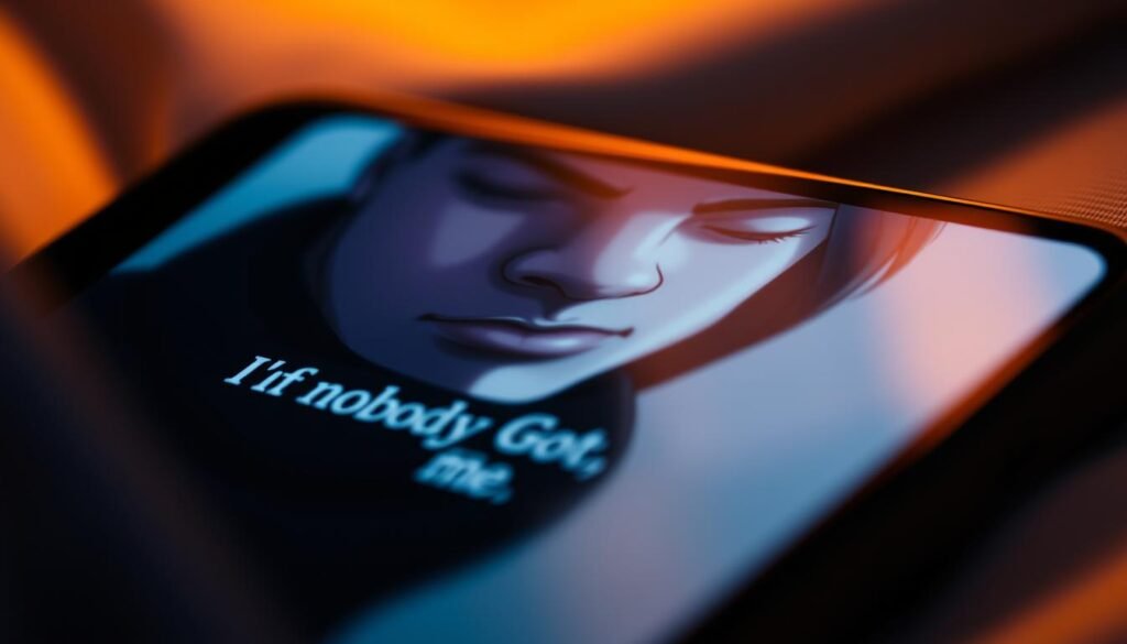 A close-up shot of a smartphone screen displaying the iconic "If Nobody Got Me" meme. The screen is illuminated with a soft, warm light, creating a cozy, intimate atmosphere. The meme features a close-up of a person's face, their expression conveying a sense of loneliness and a lack of support. The background is blurred, with subtle textures and gradients that add depth and focus to the central image. The overall composition emphasizes the relatable and emotive nature of the meme, inviting the viewer to engage with the shared sentiment of feeling unsupported or misunderstood.