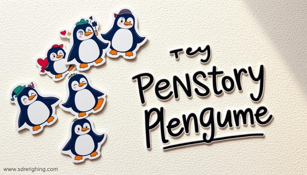A close-up view of a collection of customizable stickers and a stylized font on a textured, off-white background. The stickers feature playful, cartoon-like penguin designs in vibrant colors, with various shapes, patterns, and accessories. The font is a modern, handwritten style with whimsical flourishes, arranged in a visually appealing layout. Soft, diffused lighting illuminates the scene, creating a warm, inviting atmosphere. The overall composition suggests a sense of creativity, personalization, and the playful spirit of the "Toy Story Penguin Meme" subject matter.