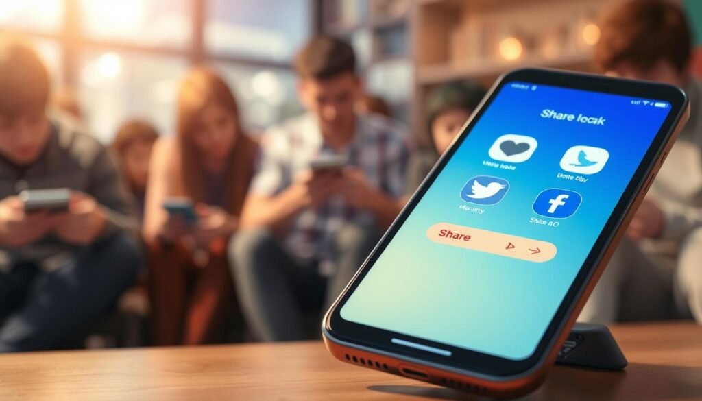 A close-up view of a smartphone screen displaying social media icons and sharing buttons, against a blurred background of a diverse group of people using their devices. The screen is illuminated with a soft, warm lighting, creating a cozy, inviting atmosphere. The composition emphasizes the intuitive and effortless nature of sharing digital content, with the smartphone positioned at a slight angle to showcase the user-friendly interface. The image conveys a sense of modern, connected living, where sharing ideas, experiences, and memes is a seamless part of everyday life.