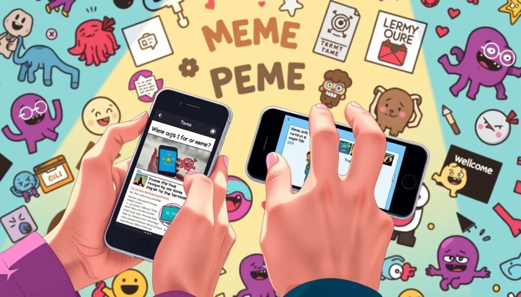 A close-up view of two hands holding smartphones, displaying and sharing memes on the screens. The hands are surrounded by a vibrant, playful background featuring various internet meme characters and elements, such as Barnacle Boy, cartoon-style graphics, and digital patterns. The scene is illuminated by a warm, natural lighting, creating a welcoming and engaging atmosphere. The focus is on the act of sharing and discovering humorous memes, capturing the joy and camaraderie of the meme culture.