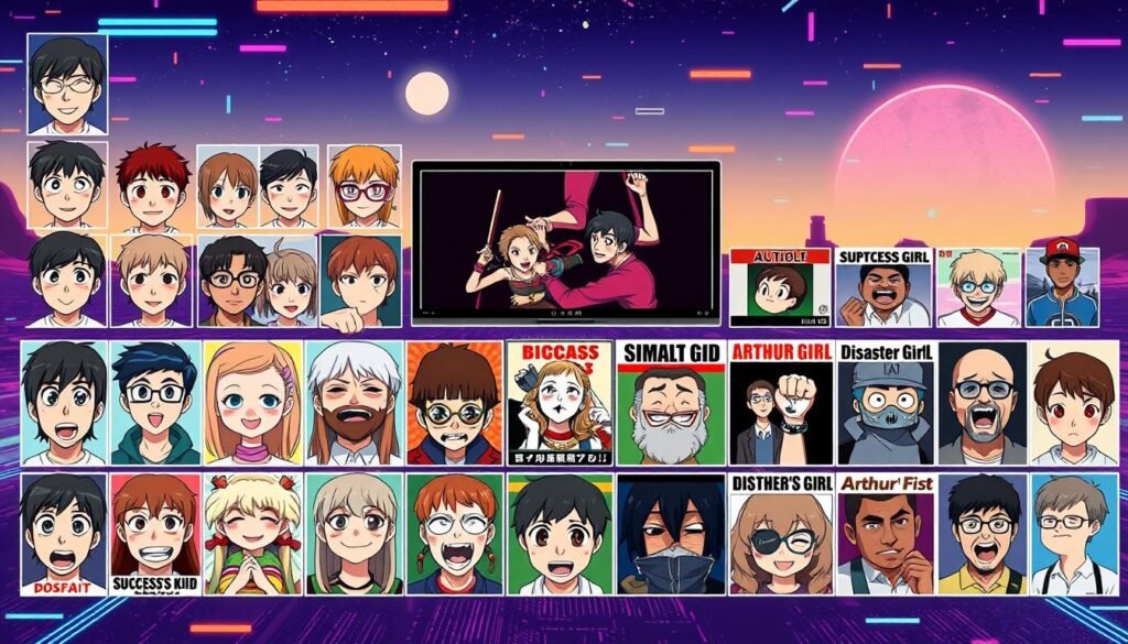 A collection of classic meme templates arranged in a visually engaging layout. The foreground features a grid of iconic meme faces and frames, including Distracted Boyfriend, Success Kid, and Overly Attached Girlfriend. The middle ground showcases a selection of humorous scene-based memes, such as Disaster Girl and Arthur's Fist. The background depicts a vibrant, retro-styled digital landscape with glitch effects, neon colors, and subtle pixelated textures, creating a nostalgic and playful atmosphere. The lighting is soft and slightly diffused, giving the overall image a warm, inviting feel. The composition is balanced and visually striking, showcasing the diversity and timelessness of these beloved meme templates.