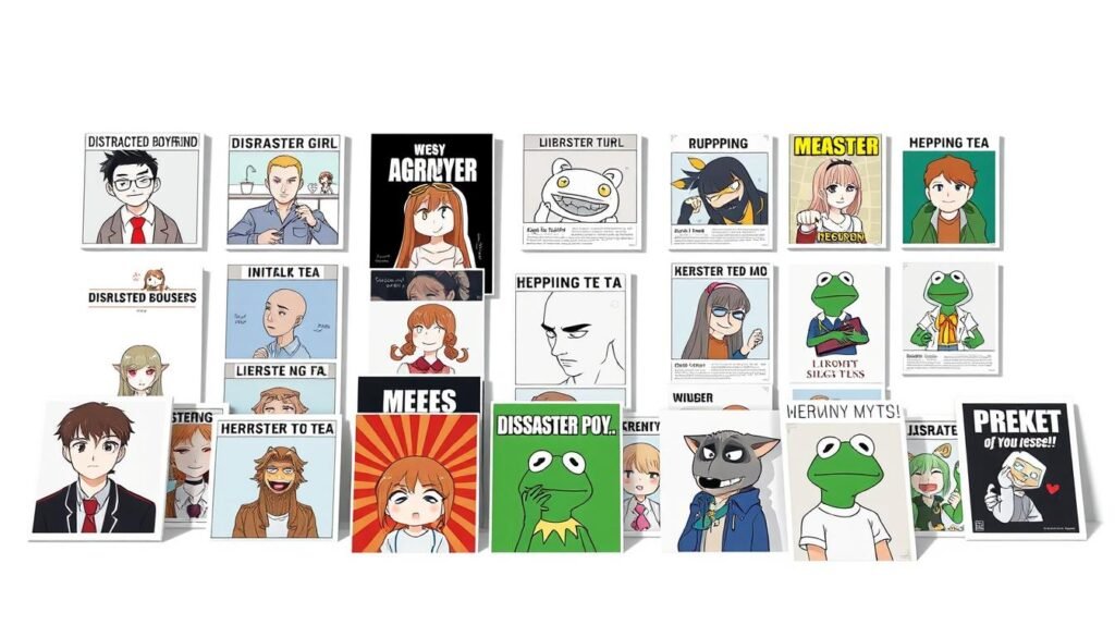 A collection of diverse meme templates arranged neatly against a minimalist background. The foreground showcases a variety of popular meme formats, including the "Distracted Boyfriend," "Disaster Girl," and "Kermit Sipping Tea." The middle ground features additional meme archetypes, captured in a clean, professional manner. The background is a soft, neutral tone, allowing the meme templates to take center stage. Bright, even lighting illuminates the scene, highlighting the bold graphics and vibrant colors of the meme designs. The overall composition conveys a sense of organization and creativity, suitable for inspiring further meme-making endeavors.
