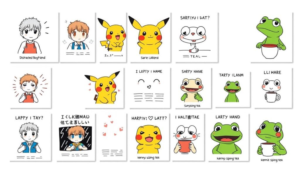 A collection of hand-drawn meme templates, arranged in a visually appealing grid-like layout. The templates feature a variety of popular meme formats, including the classic "Distracted Boyfriend," the "Surprised Pikachu," and the "Kermit Sipping Tea." The templates are rendered in a whimsical, cartoon-like style, with clean lines, vibrant colors, and a playful, lighthearted atmosphere. The templates are showcased against a simple, minimalist background, allowing the designs to take center stage. The overall composition is well-balanced, with a sense of harmony and cohesion, creating a visually striking and engaging representation of the "drawn memes" concept.