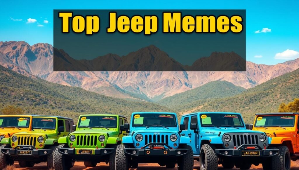 A collection of humorous, lighthearted Jeep memes against a vibrant, off-road backdrop. In the foreground, a group of Jeep Wranglers in various colors and models, each with a unique meme-inspired expression or design. In the middle ground, a scenic mountain landscape with rugged terrain, lush greenery, and a clear, blue sky. Dramatic, directional lighting illuminates the Jeeps, casting dynamic shadows and highlights. The overall mood is adventurous, playful, and captures the spirit of the Jeep lifestyle. The image conveys the free, downloadable nature of these top Jeep memes.
