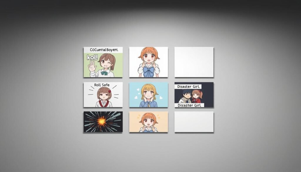 A collection of popular internet meme templates displayed on a stylish minimalist gray background. The templates are arranged in a grid layout, each showcasing a classic meme format such as the distracted boyfriend, disaster girl, and roll safe. The lighting is soft and diffused, creating a clean and professional look. The camera angle is slightly elevated, giving a bird's-eye view of the meme templates. The overall mood is one of simplicity and versatility, conveying the wide range of meme possibilities available for creative expression.