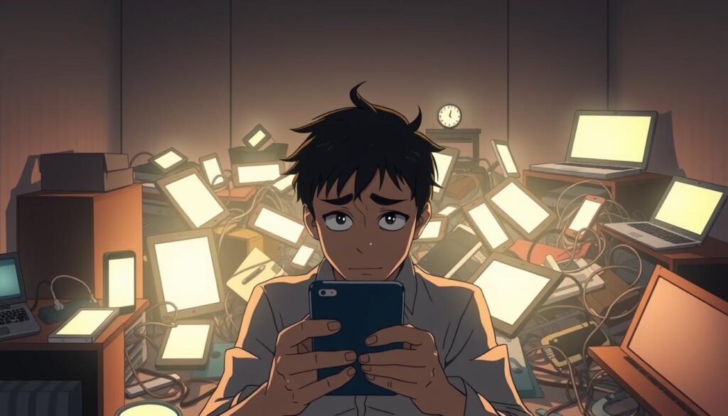 A comically disastrous "digital detox" scene, with a distracted person surrounded by glowing smartphone screens, tablets, and laptops, all vying for their attention. The foreground features a hapless individual, eyes glued to their device, oblivious to the chaos unfolding around them. The middle ground showcases a jumble of technology, cords, and gadgets, creating a sense of overwhelming digital clutter. The background sets the stage with a subdued, minimalist interior, emphasizing the irony of the failed attempt at disconnecting. Dramatic lighting casts dramatic shadows, evoking a mood of comedic exasperation. The overall tone is one of humorous, relatable frustration with the pervasive nature of modern technology.