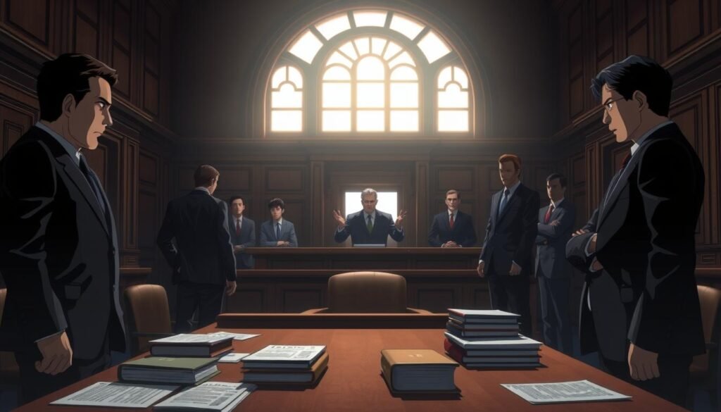 A courtroom interior, dimly lit with a warm, somber atmosphere. In the foreground, a defendant stands resolute, shoulders squared, facing a panel of stern-faced judges. Shadowy legal documents and files are scattered on the mahogany desk before them. The middle ground is occupied by a team of sharp-suited lawyers, engaged in impassioned debate, their expressions intense and determined. In the background, the high arched windows cast a soft, dramatic light, creating a sense of gravity and importance. The overall scene conveys a palpable tension, as the defendant prepares to mount a vigorous legal defense against the charges they face.