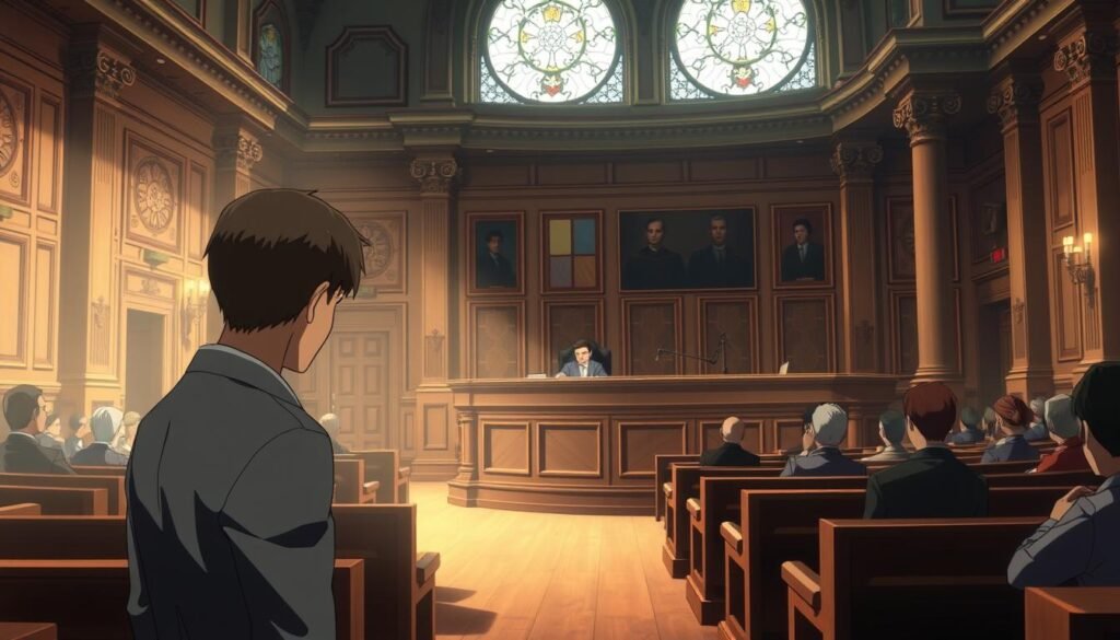 A courtroom scene depicting the legal process after an arrest. In the foreground, a defendant stands before a judge, dressed in a suit, their head slightly bowed. The judge, seated at a large wooden desk, wears a formal robe and listens intently. Surrounding them, rows of wooden benches are occupied by spectators, conveying the seriousness and gravity of the proceedings. Soft, warm lighting illuminates the scene, casting subtle shadows and creating a pensive atmosphere. The background features the ornate architecture of the courtroom, with high ceilings, ornate columns, and stained-glass windows, reinforcing the sense of tradition and authority. The overall mood is one of contemplation and the careful administration of justice.