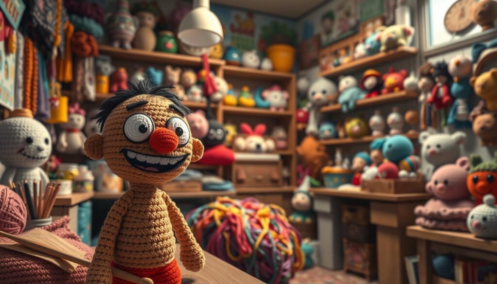 A cozy, dimly lit crochet studio with a playful, humorous atmosphere. In the foreground, a crocheted amigurumi figure of a quirky cartoon character, its exaggerated features and whimsical expression capturing the essence of crochet humor. In the middle ground, a tangle of brightly colored yarn and a set of wooden crochet hooks, hinting at the creative process. The background features shelves lined with an eclectic array of crocheted items, from comical accessories to playful home decor, all radiating a sense of warmth and charm. Soft, natural lighting casts a cozy glow, enhancing the inviting, lighthearted mood.