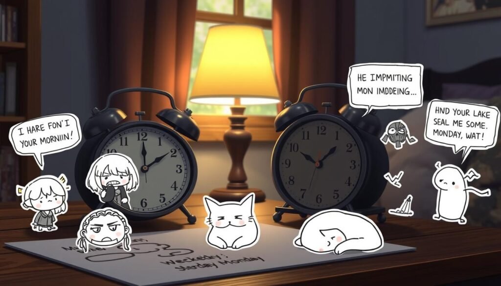 A cozy, dimly-lit room on a lazy Sunday afternoon. On the table, an old analog clock lazily ticks away the hours, its hands barely moving. Surrounding the clock, a collection of humorous memes and doodles depicting the dread of the impending Monday morning - a cartoon character sighing deeply, a cat glaring angrily, a stick figure curled up in a ball. The memes are hand-drawn, with a playful, slightly offbeat style. The overall mood is one of wistful melancholy, tinged with a hint of humor, as the viewer contemplates the fleeting nature of the weekend and the looming responsibilities of the work week.