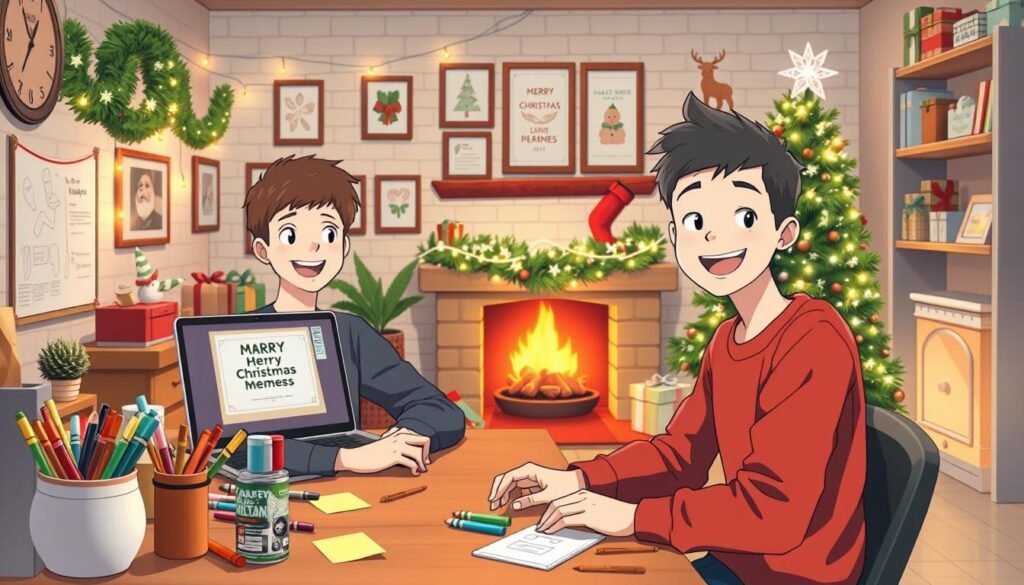 A cozy holiday workshop scene with a cheerful creator crafting a humorous Christmas meme. In the foreground, a smiling, casually dressed person sits at a wooden desk, surrounded by colorful markers, sticky notes, and a laptop displaying a half-finished digital artwork. The middle ground features a wall adorned with string lights, festive garlands, and framed meme templates. In the background, a warm fireplace casts a soft, inviting glow, complemented by a twinkling Christmas tree and shelves filled with holiday-themed trinkets and inspiration. The lighting is a harmonious blend of natural daylight and cozy, ambient illumination, creating a playful and creative atmosphere.