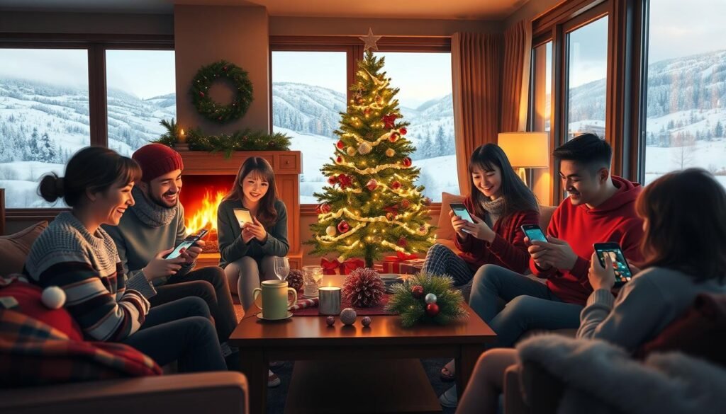 A cozy living room, bathed in the warm glow of a crackling fireplace. In the foreground, a group of friends and family gathered around a coffee table, sharing their favorite Christmas memes on their smartphones and tablets. Laughter and delight fill the air as they exchange digital holiday cheer. The middle ground features a neatly decorated Christmas tree, twinkling with fairy lights, adding to the festive ambiance. In the background, snow-covered landscapes can be seen through the large windows, creating a serene and picturesque setting. The mood is one of joy, togetherness, and the spirit of the season, captured through a natural, cinematic composition with a shallow depth of field.