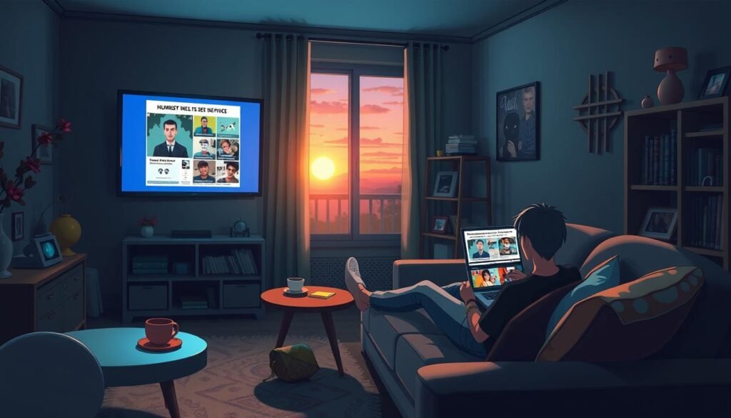 A cozy living room, dimly lit by the soft glow of a television screen flickering with humorous memes. The evening shadows cast a whimsical ambiance, as a person lounges on a plush sofa, laptop open, scrolling through a collection of amusing internet images. The room is adorned with playful throw pillows, a retro-inspired coffee table, and a bookshelf filled with eclectic knick-knacks. Through the window, the setting sun paints the sky in warm hues, signaling the arrival of a well-deserved day of rest. The mood is relaxed, anticipatory, and filled with the promise of laughter and lighthearted entertainment.