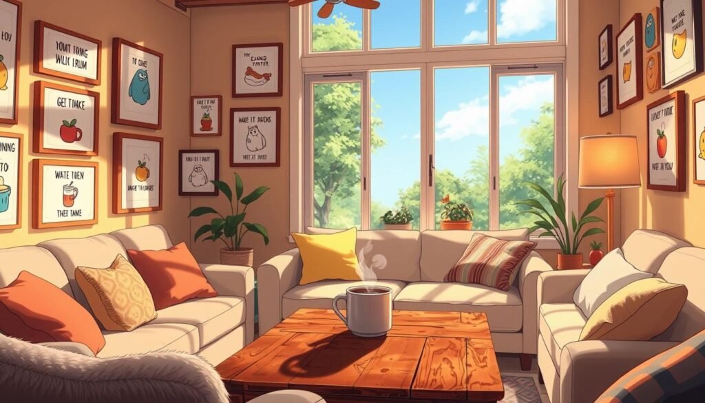 A cozy, sun-dappled living room, filled with a delightful collection of framed "morning memes" hanging on the walls. The memes feature whimsical, humorous illustrations and relatable captions, capturing the lighthearted spirit of waking up on a Saturday. Plush, inviting furniture and a steaming mug of coffee on a rustic wooden table set the scene for a relaxed, jovial atmosphere. Warm, soft lighting filters in through large windows, creating a welcoming, cheerful ambiance perfect for starting the day with a smile.