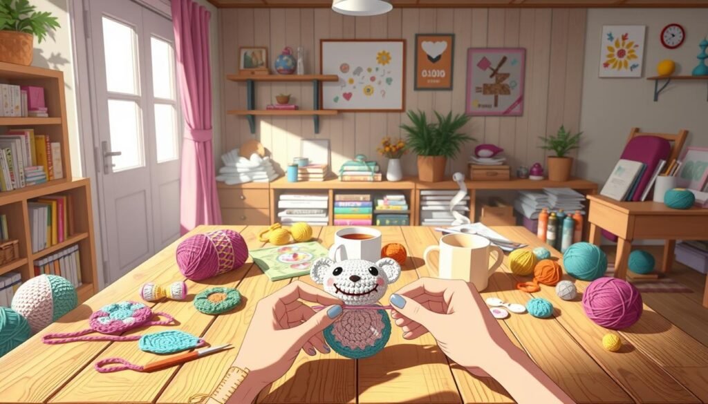 A cozy, well-lit studio with a variety of colorful crochet projects scattered across a rustic wooden table. In the foreground, a pair of skillful hands deftly manipulating a crochet hook, creating a humorous, whimsical design. The middle ground features an array of crochet supplies, including vibrant yarn skeins, pattern books, and a mug of steaming tea. The background showcases a cheerful, minimalist wall decor, complementing the warm, inviting atmosphere. The lighting is soft and natural, casting a gentle glow over the scene, capturing the joy and creativity inherent in the art of crochet.