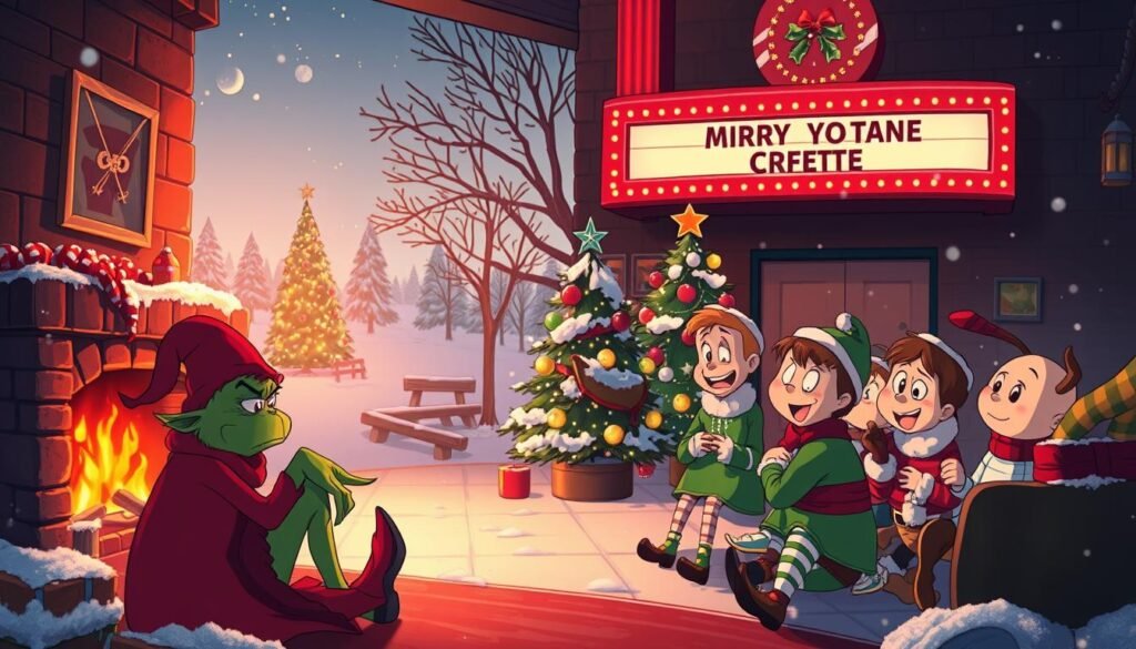 A cozy winter scene, dimly lit by a crackling fireplace. In the foreground, an assortment of iconic movie characters - including a grumpy Grinch, a mishievous Elf, and a lovable Buddy the Elf - are gathered together, engaged in hilarious holiday-themed antics. The middle ground features a snow-covered landscape, with twinkling lights and a decorated Christmas tree. In the background, a classic movie theater marquee displays the title of a beloved holiday film. The overall mood is whimsical and nostalgic, capturing the spirit of cherished Christmas movie memes.