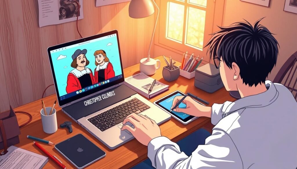 A creative workspace with a laptop, tablet, and design tools scattered across a wooden desk. Vibrant, retro-inspired illustrations of Christopher Columbus are visible on the laptop screen, as the user intently focuses on crafting a humorous meme. Soft, natural lighting from a nearby window creates a warm, contemplative atmosphere, inviting the viewer to imagine the process of meme creation. The overall scene conveys a sense of playful experimentation and digital content creation.