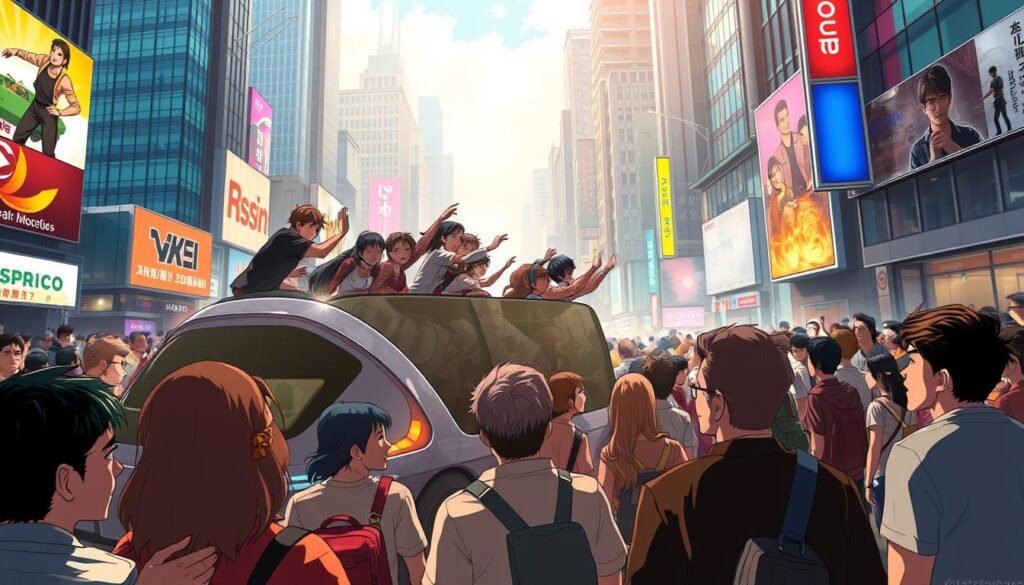 A crowded city street, bustling with people and activity. In the foreground, a group of people eagerly jumping onto a bandwagon, their expressions a mix of excitement and conformity. The bandwagon is sleek and modern, its design a representation of the latest cultural trends. In the middle ground, onlookers watch with amusement, some shaking their heads, others contemplating whether to join the fray. The background is a blend of towering skyscrapers, neon lights, and a hazy, vibrant atmosphere, capturing the energy and pace of the digital age. Warm, directional lighting casts dynamic shadows, adding depth and drama to the scene. The overall mood is one of social commentary, where the desire to be part of the "in-crowd" is both celebrated and questioned.