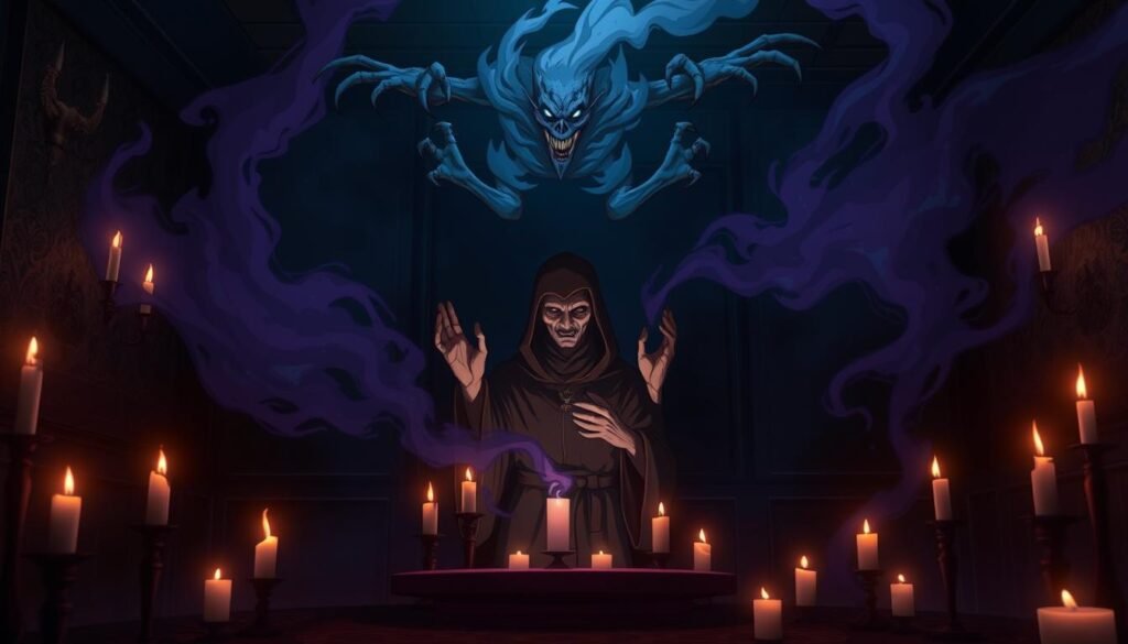 A dark, dimly lit room, candles flickering, casting an eerie glow. In the center, a figure clad in a hooded robe, hands raised, chanting an ancient incantation. Swirling mists of purple and indigo energy surround the ritual, as a cursed spirit manifests, a spectral form with glowing eyes and sharp talons. Shadows creep along the walls, an ominous presence pervading the scene. The Saturday Flit curse, a superstition of ill fortune, brought to life in a haunting, supernatural tableau.