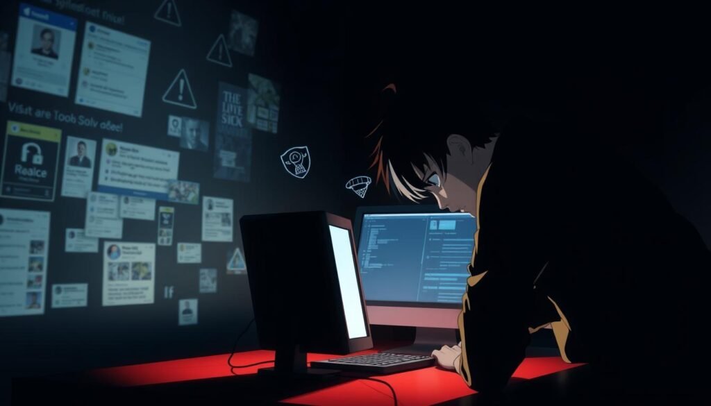A dark, dimly lit room with a lone desktop computer casting an eerie glow. Shadows loom in the corners, creating a sense of unease. The user's face is partially obscured, their expression one of concern as they hunch over the screen, digital surveillance icons and warning symbols floating around them. The background is filled with blurred, fragmented images of social media profiles, text messages, and other personal data, hinting at the unseen breach of privacy. The lighting is dramatic, with harsh contrasts and deep shadows, emphasizing the gravity of the situation. The overall mood is one of anxiety and vulnerability, capturing the essence of "privacy concerns" when engaging with online content.