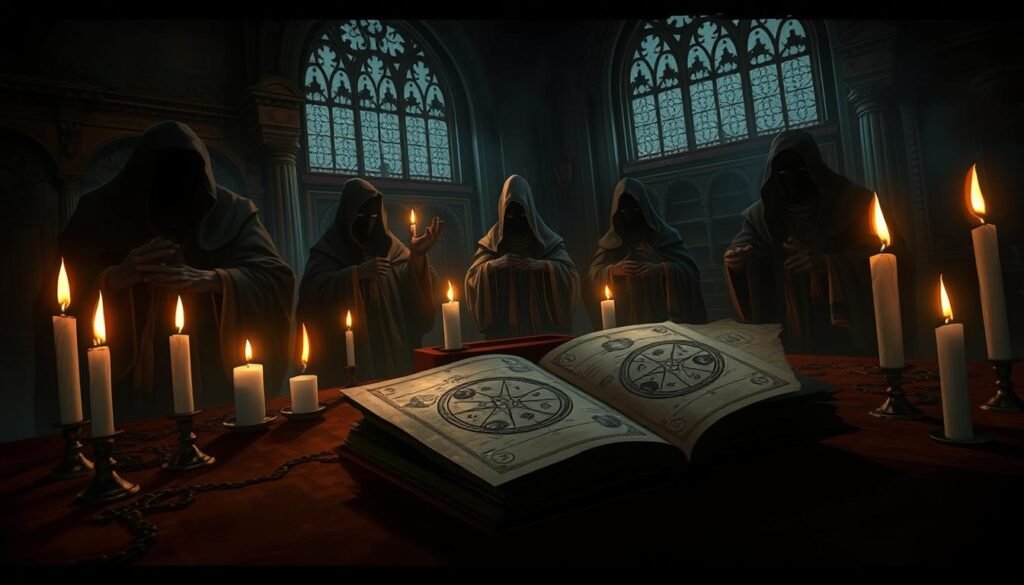 A dark, medieval-inspired scene of superstitious rituals surrounding the "Saturday Flit" curse. In the dimly lit foreground, cloaked figures gathered around a table, casting arcane symbols and chanting incantations. Flickering candles cast an eerie glow, while in the middle ground, a large tome lies open, its pages revealing ancient, occult diagrams. The background depicts a gloomy, shadowy room with ornate, gothic architecture, hinting at the weight and history of these esoteric beliefs. Dramatic chiaroscuro lighting creates a sense of mystery and foreboding, befitting the supernatural subject matter.