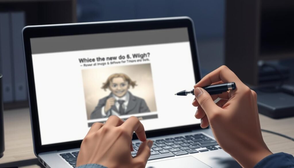 A digital desktop scene with a laptop computer open, displaying a meme image. The laptop screen is partially obscured by a semi-transparent watermark overlay. In the foreground, a pair of hands are carefully using image editing software tools to carefully remove the watermark, revealing the underlying meme. The scene is illuminated by a soft, diffused lighting, creating a focused, detail-oriented atmosphere. The background is blurred, placing the emphasis on the laptop and the watermark removal process. The overall mood is one of problem-solving and attention to detail.