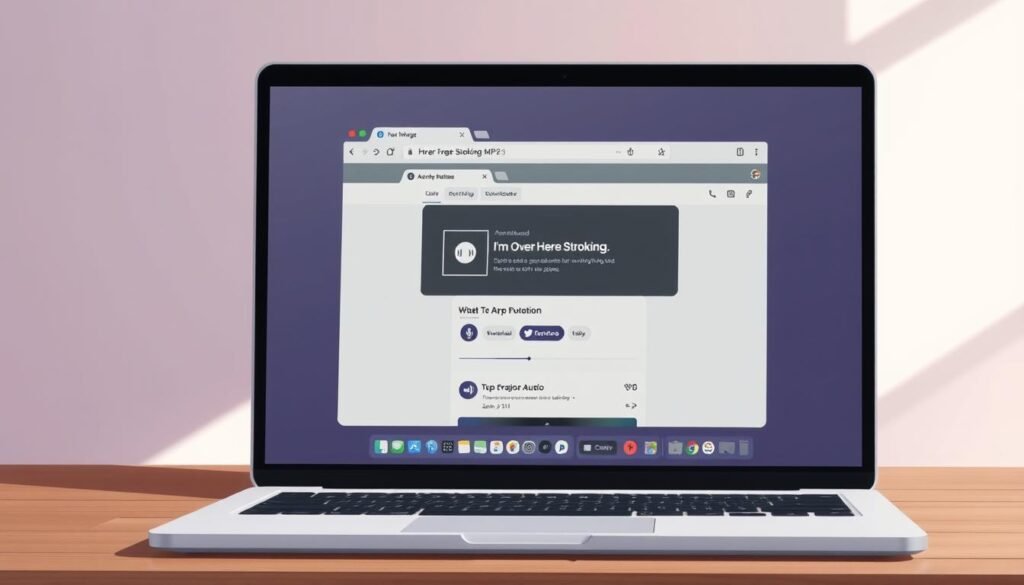 A digital desktop scene with a laptop computer prominently displayed in the foreground. On the laptop screen, a web browser is open, showcasing a website or app interface for downloading audio content. The background features a gradient of soft, muted colors, creating a calming and minimalistic atmosphere. The lighting is natural and diffused, casting gentle shadows across the scene. The overall composition emphasizes the ease and accessibility of downloading the "I'm Over Here Stroking" meme MP3 for free.