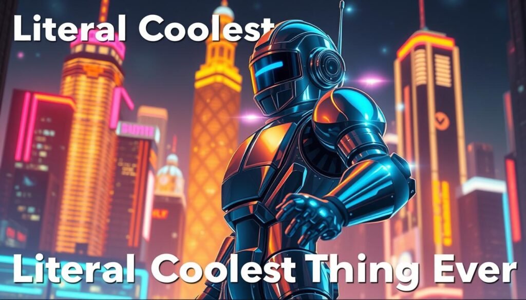 A digital meme illustration depicting the "Literal Coolest Thing Ever" concept. In the foreground, a retro-futuristic, chrome-plated robot figure strikes a dynamic, heroic pose against a vibrant, neon-tinged cityscape backdrop. Glowing energy fields and holographic elements surround the robot, conveying a sense of advanced technology and cutting-edge innovation. The lighting is a dramatic mix of warm highlights and cool shadows, creating depth and visual interest. The overall atmosphere is one of excitement, wonder, and the sheer coolness of this futuristic, high-tech marvel.