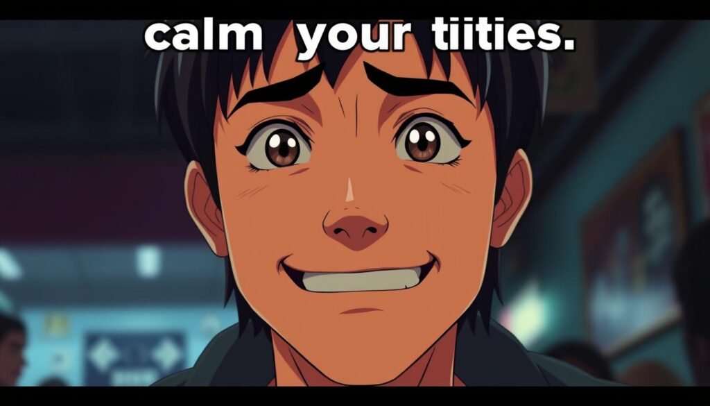 A digital rendering of a "calm your tities" meme expression, captured with a cinematic lens and dramatic lighting. The subject's face conveys a comedic, slightly exasperated yet lighthearted mood, with eyebrows slightly raised and lips curled in a subtle grin. The background is blurred, allowing the focal point to be the expressive facial features, which evoke a sense of universal human experience and relatability. The overall atmosphere is vibrant, colorful, and evocative of the playful, humorous nature of internet meme culture.