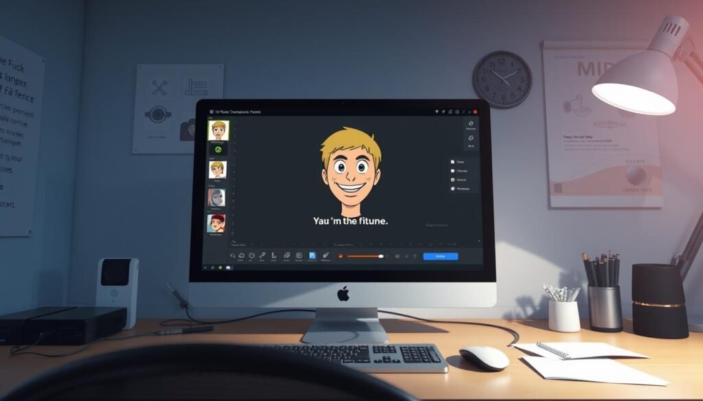 A digital workspace with a customizable meme template on a computer screen, surrounded by various editing tools and UI elements. The meme features a humorous expression and a relatable caption. The scene is well-lit, with a clean, minimalist aesthetic. The camera angle provides a direct, eye-level view, emphasizing the interactivity and personalization aspects of the meme customization process. The overall mood is playful and inviting, encouraging the viewer to engage with the meme and experiment with its customization.