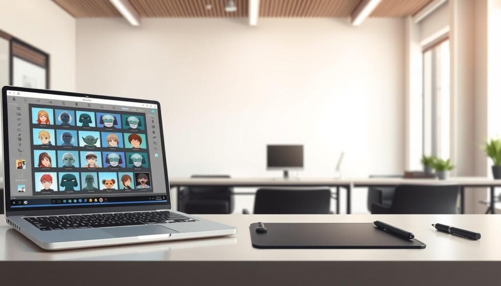 A digital workstation with a customizable interface showcasing various meme effects. The foreground features a laptop screen displaying an array of adjustable filters, overlays, and editing tools. The middle ground includes a stylus or graphics tablet for precise maneuvering. The background depicts a modern, minimalist office setting with clean lines, natural lighting, and subtle textures. The overall mood is one of creative exploration and digital expression, conveying the sense of empowerment and personalization when crafting visually compelling memes.