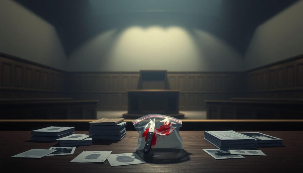 A dimly lit courtroom, the weight of justice palpable. In the foreground, a table holds a collection of evidence - fingerprint cards, photographs, and a clear plastic bag containing a bloodied knife. Soft, directional lighting casts shadows, creating a sense of tension and gravity. In the middle ground, a witness stand stands empty, awaiting the testimony that will shape the course of the trial. The background fades into a hazy, vaulted ceiling, the grandeur of the legal system looming over the proceedings. Subtle textures and muted tones evoke the solemnity of the setting, as the scene captures the essence of "Evidence in Assault Cases".