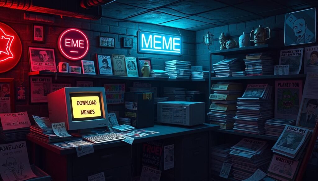 A dimly lit, grungy basement workspace with a desk covered in various memes printed out and scattered around. On the desk, an old desktop computer with a monitor displaying a "Download Memes" window. Neon signs on the walls cast a vibrant, moody glow, while shelves in the background are filled with stacks of meme printouts and a few figurines. The overall atmosphere is one of a dedicated meme connoisseur's personal meme-downloading haven, conveying a humorous, underground, and somewhat subversive vibe.