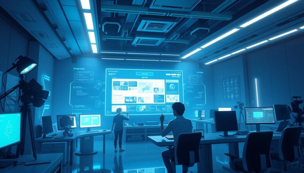 A dimly lit, high-tech meme creation studio with advanced holographic displays, AI-powered meme generation tools, and a team of creative professionals working at sleek, futuristic workstations. The room is bathed in a soft, blue-green glow, with sophisticated lighting and camera equipment capturing the meme-making process. In the foreground, a designer manipulates digital assets on a large, floating touchscreen interface, while in the background, algorithms analyze trending meme templates and generate new, innovative content. The overall atmosphere conveys a sense of cutting-edge technology and creative experimentation, perfectly capturing the "Advanced Features for Meme Creation" section of the article.