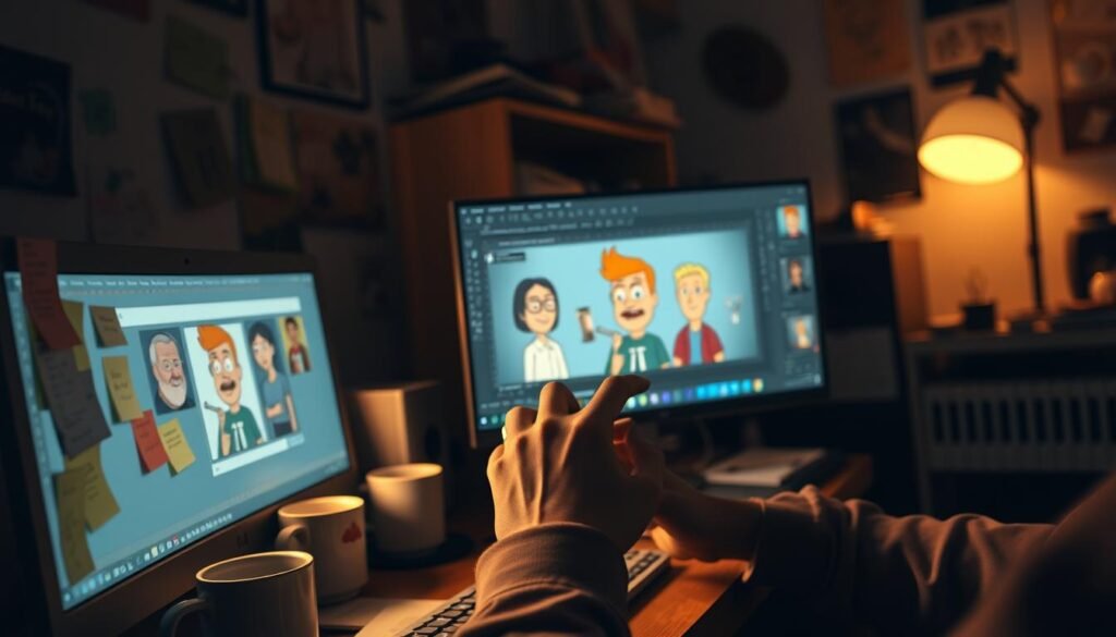 A dimly lit home office, the glow of a computer screen illuminating a workspace cluttered with post-it notes, coffee mugs, and a well-worn keyboard. In the foreground, a user's hands deftly manipulate image editing software, customizing a meme featuring the iconic characters from the animated series "King of the Hill". The meme's design is playful and humorous, reflecting the show's quirky charm. The background is softly blurred, drawing the viewer's attention to the creative process unfolding before them. Warm, incandescent lighting casts a cozy, contemplative atmosphere, as the user experiments with various edits, seeking the perfect balance of comedy and relatability.